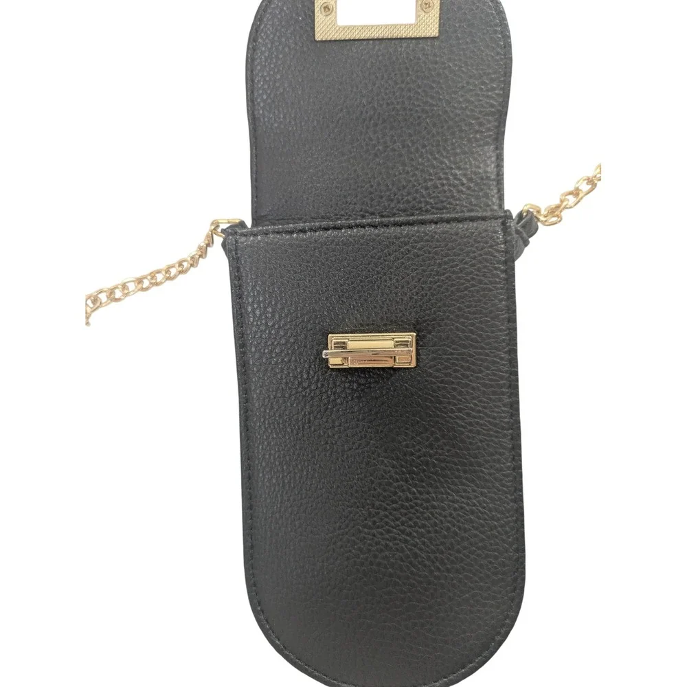 Chic Leopard Flap Mini Crossbody Phone Bag Black Faux Leather Gold Hardware